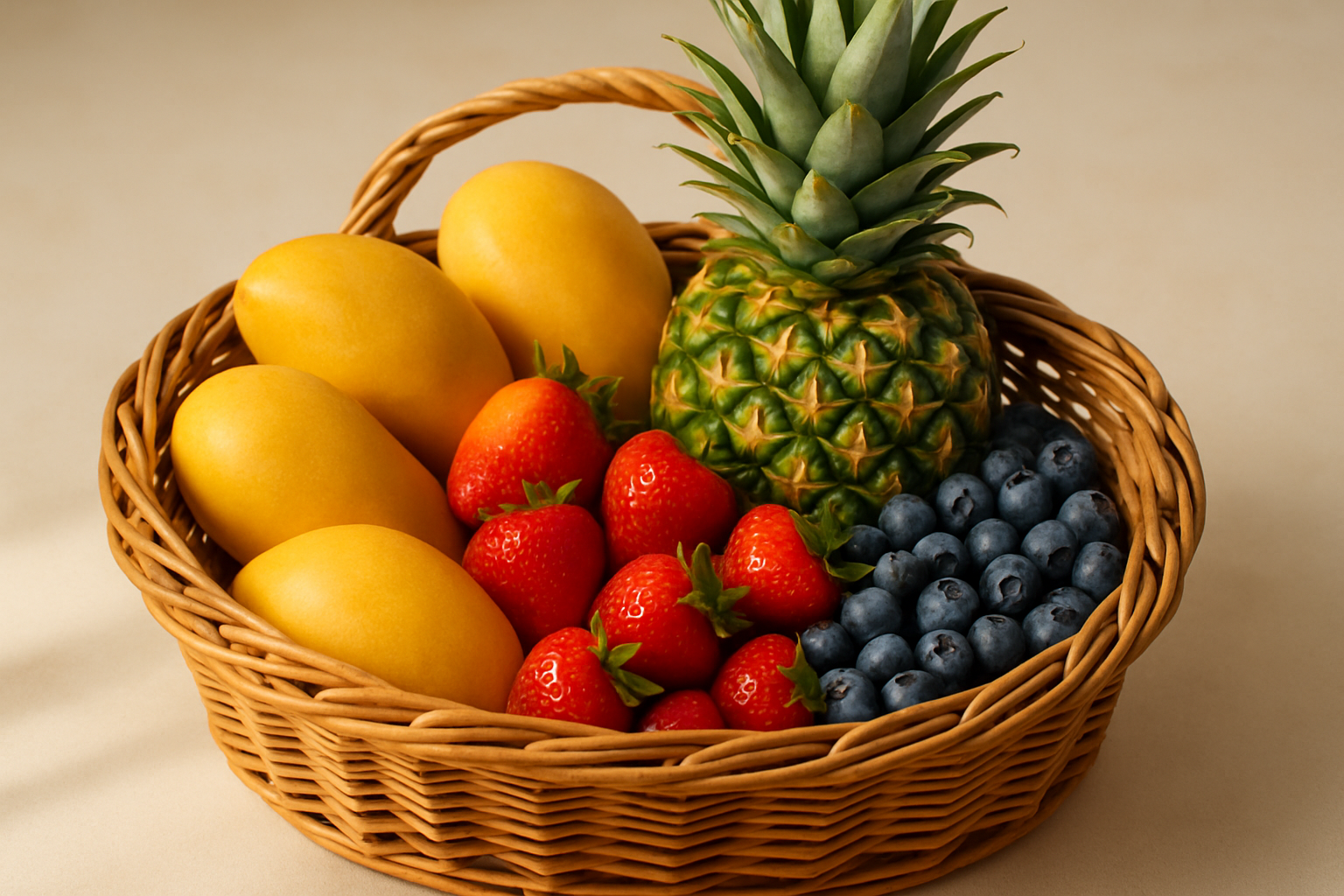 a basket of mango, pineapple, strawberry and blueberry